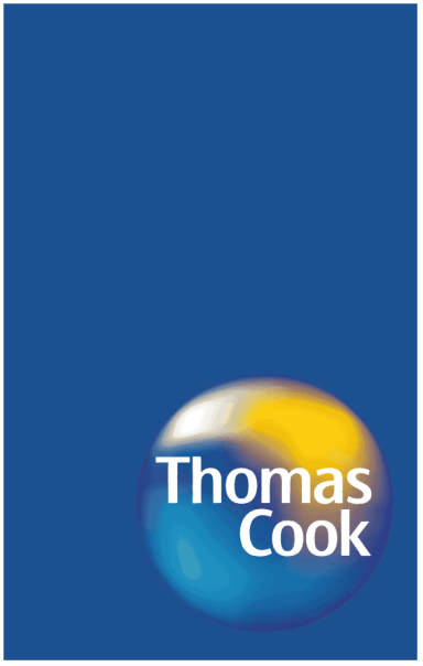 Logo de Thomas Cook sur fond bleu, avec un cercle coloré en bas à droite.