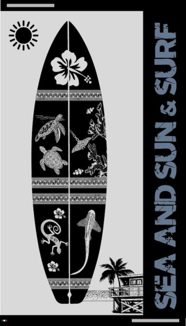 Planche de surf noire décorée de motifs floraux et animaux marins, avec le texte "Sea and Sun & Surf".
